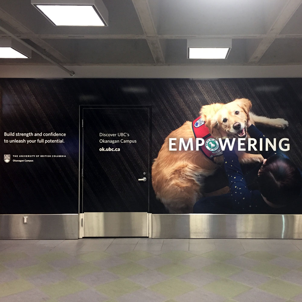 A large advertisement installation promoting UBC Okanagan in the Kelowna airport